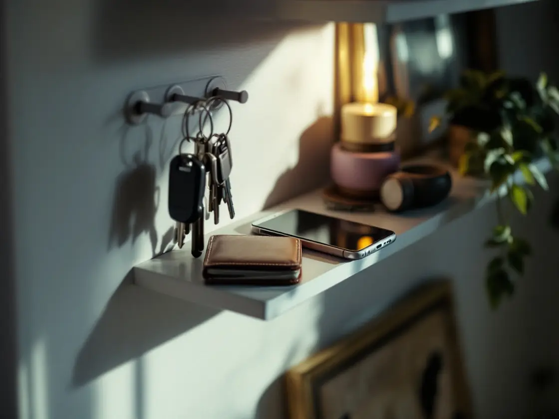 Keys on a hook above a wallet and a phone on a hallway shelf