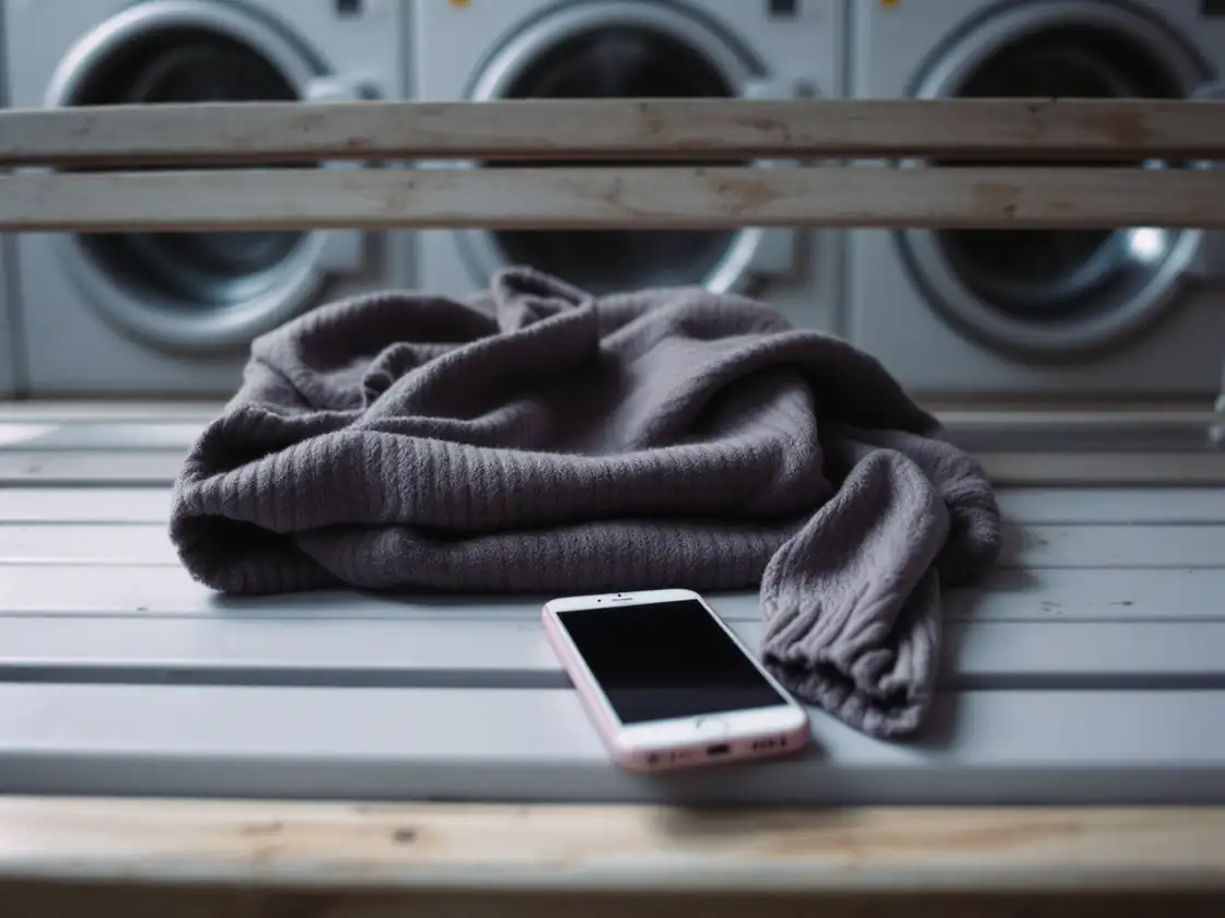 A folded sweater and a phone face down on a laundromat bench