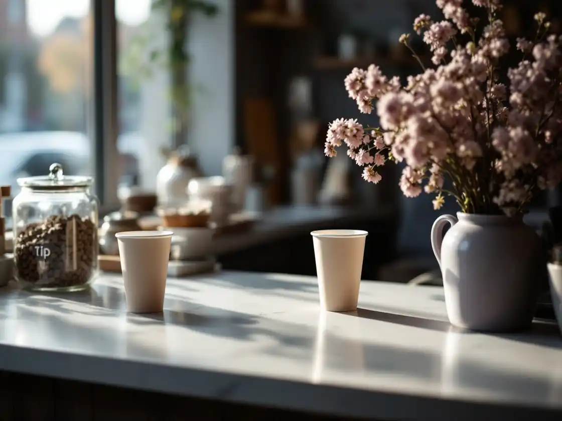 Paper cups waiting on a cafe counter beside glass jars