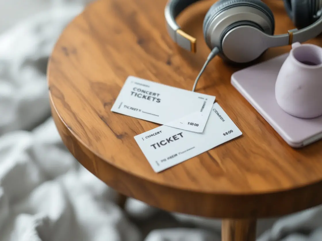 Two tickets and headphones on a wooden table