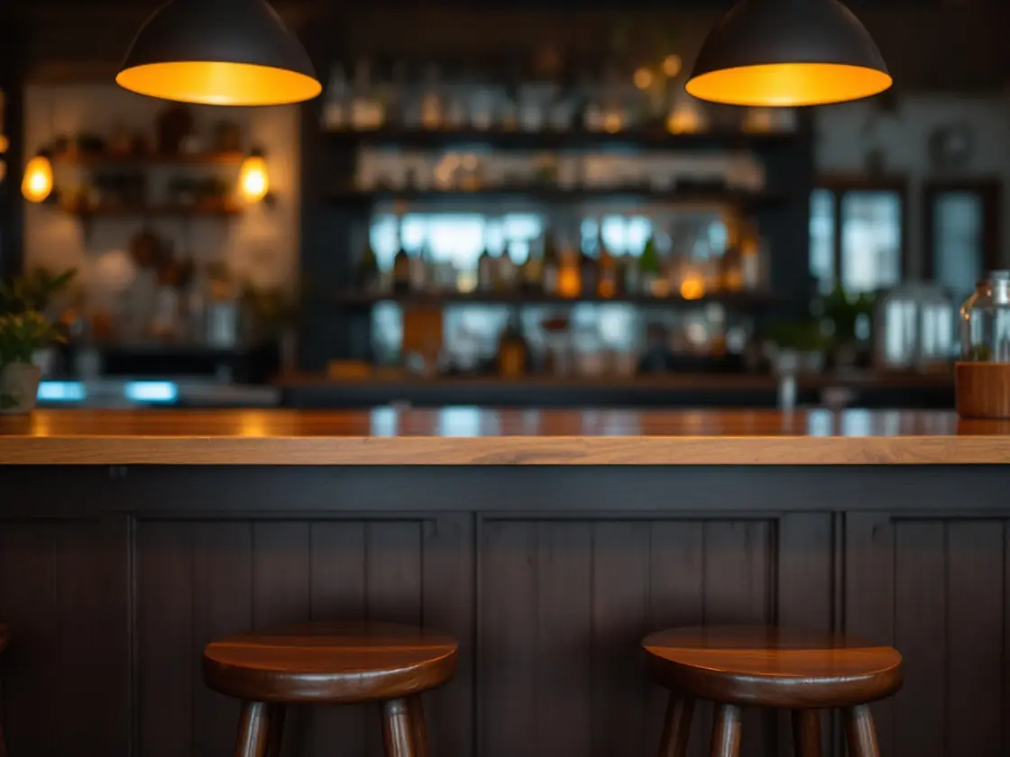 An empty bar counter with two stools and warm evening light