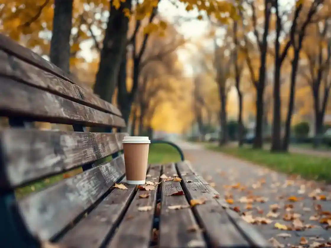 A park bench under autumn trees with a paper cup on it