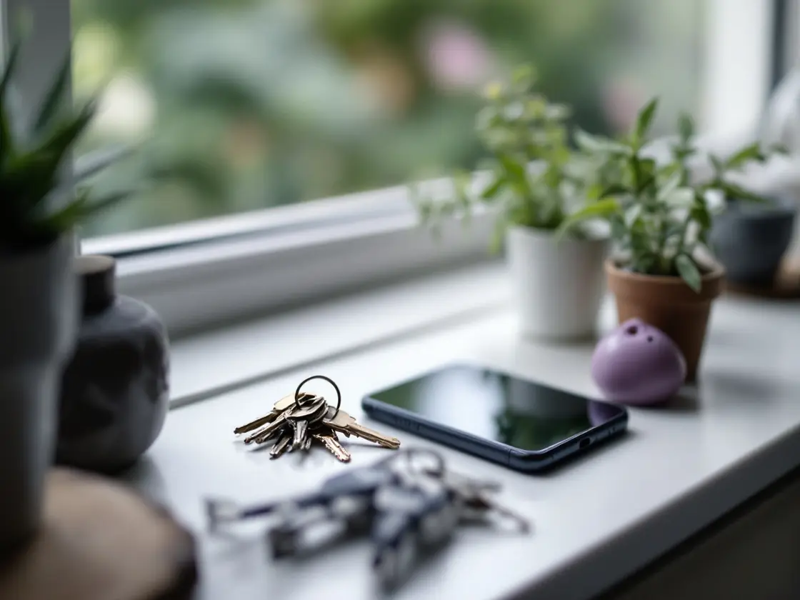 A kitchen windowsill with a phone, keys and a small potted plant
