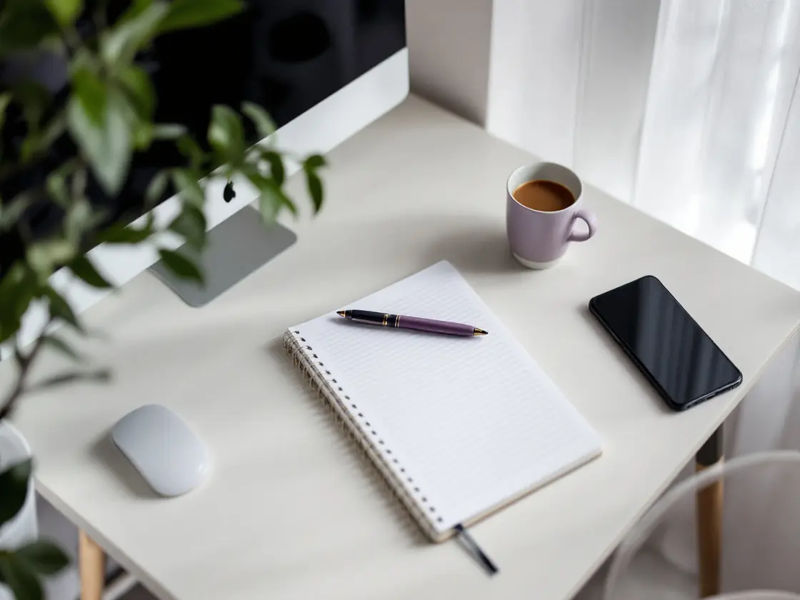 A tidy desk with a notebook, a pen and a face-down phone