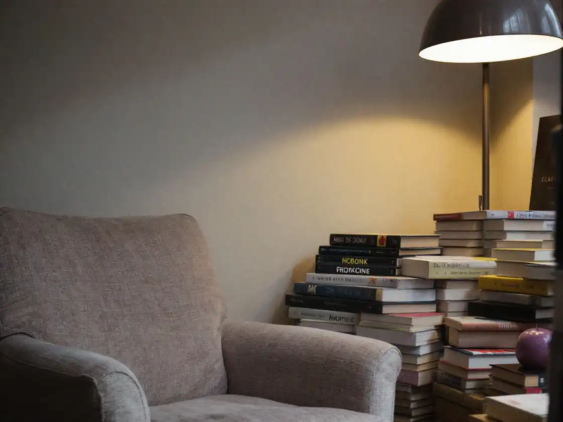A quiet bookshop corner with an armchair and stacked paperbacks