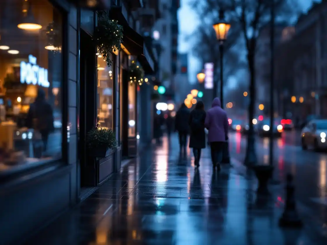 A city street at dusk with wet pavement and lit shop windows
