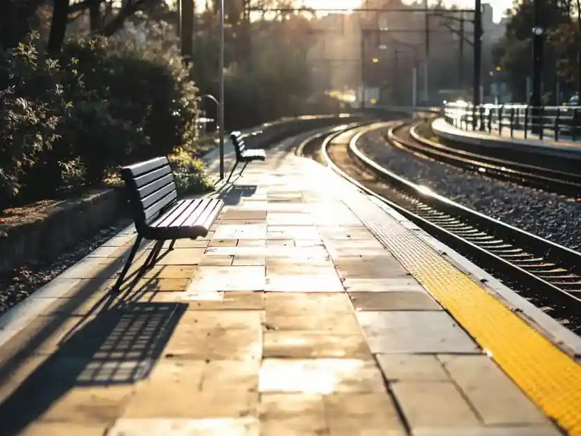 A train platform bench in morning light with an empty track