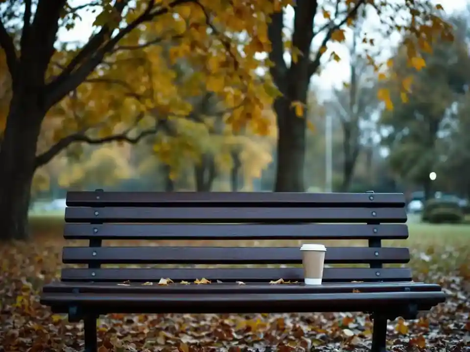 A paper coffee cup on a park bench under an autumn tree