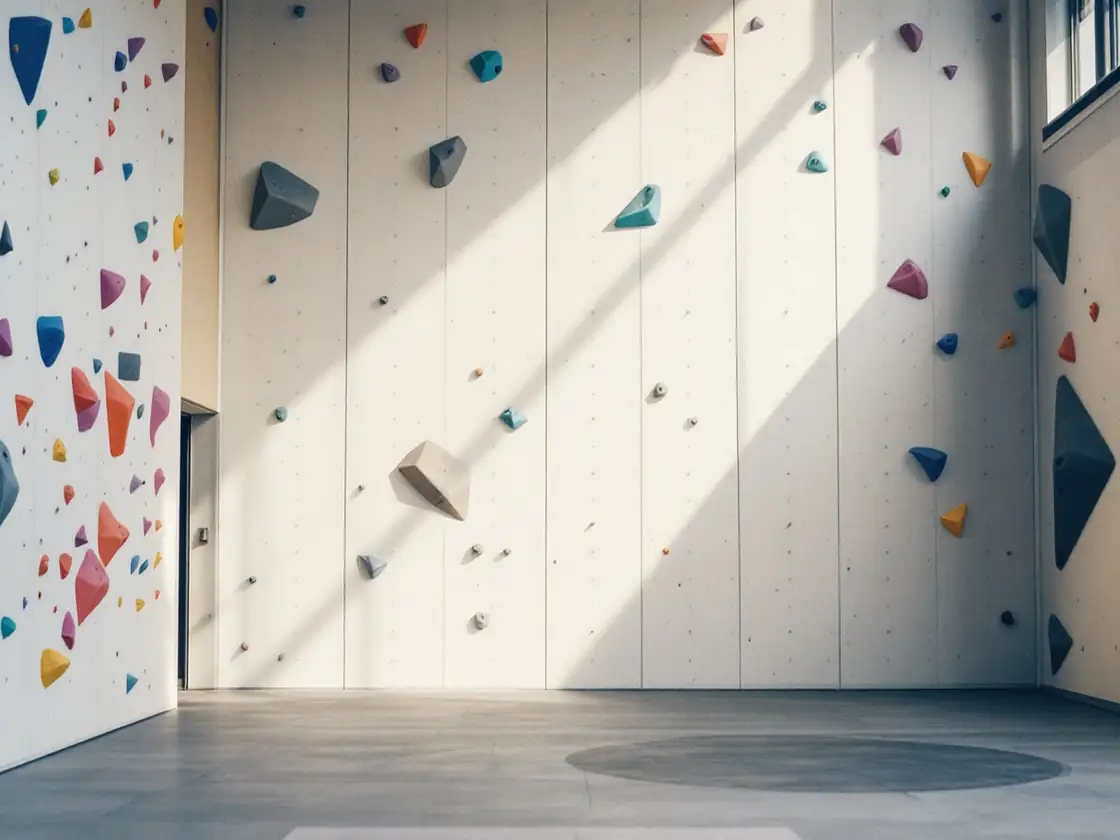 An empty climbing gym wall with coloured holds and high windows