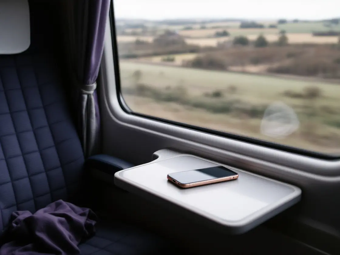 A phone on a train seat table with countryside passing outside