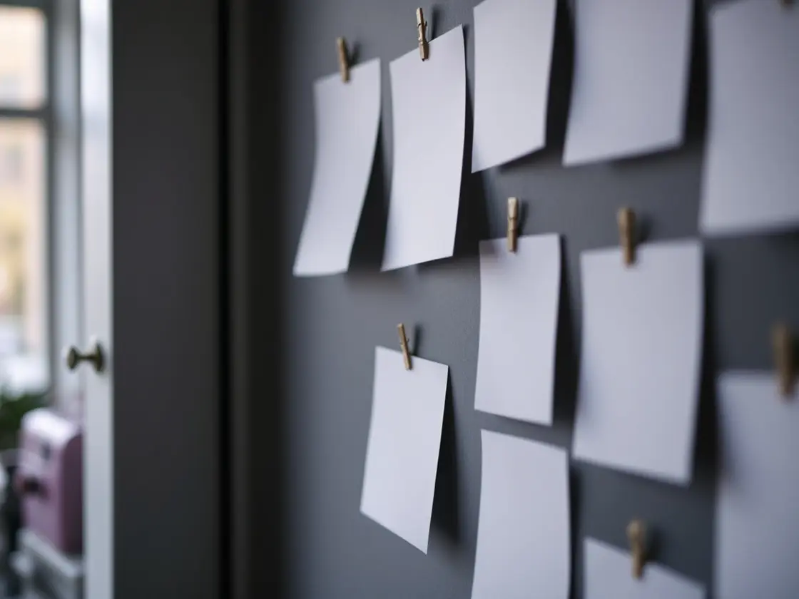 Blank paper notes pinned to a community hall notice board