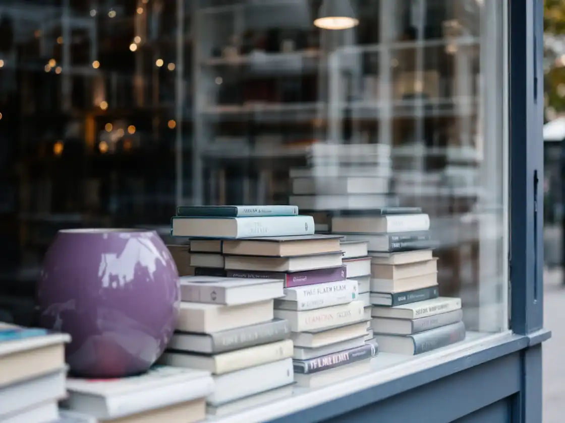 Stacked novels in a bookshop window seen from the street