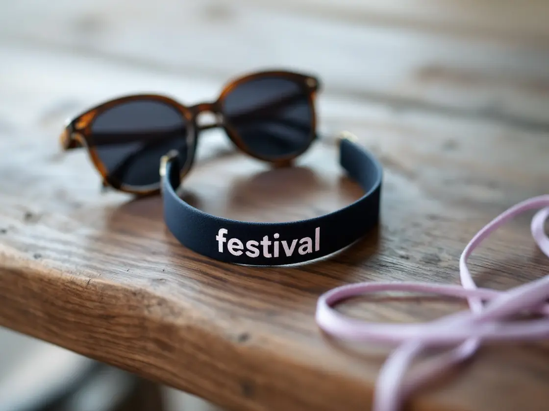 A festival wristband and sunglasses on a wooden table