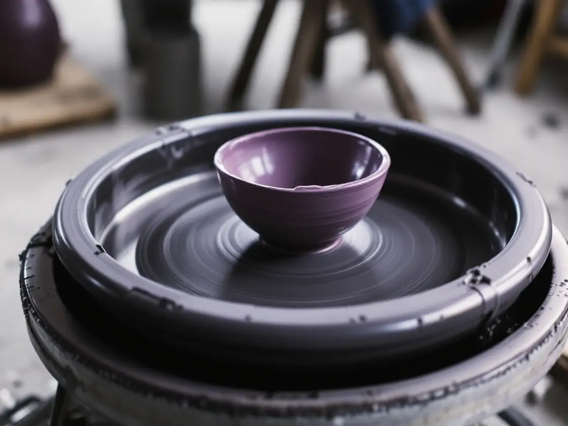 A half-made bowl on a pottery wheel in an empty studio