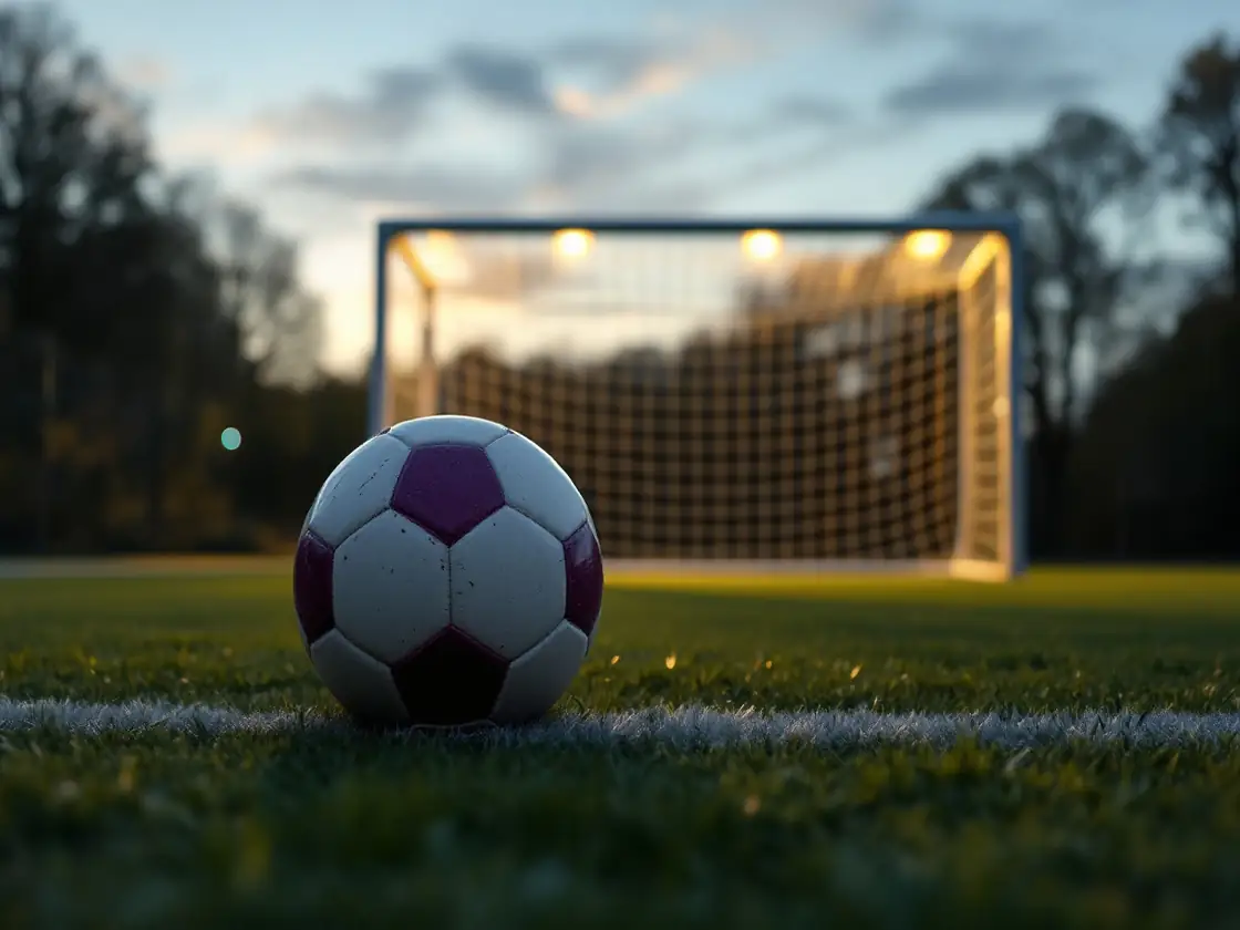 A football on an empty grass pitch near a goal at dusk