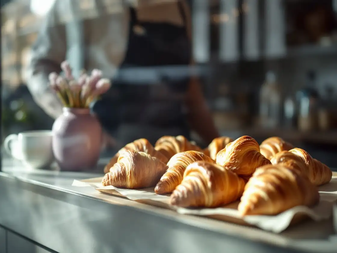 Croissants under glass on a bakery counter in morning light