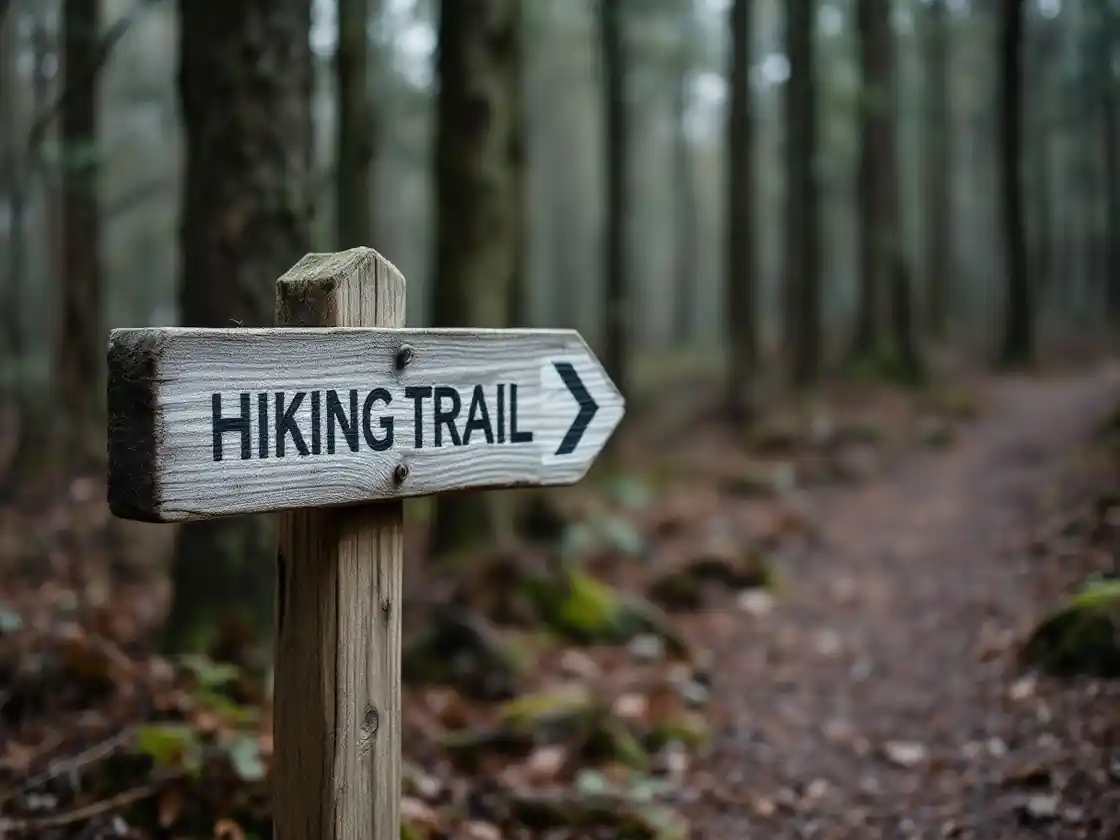 A wooden hiking trail signpost in a forest