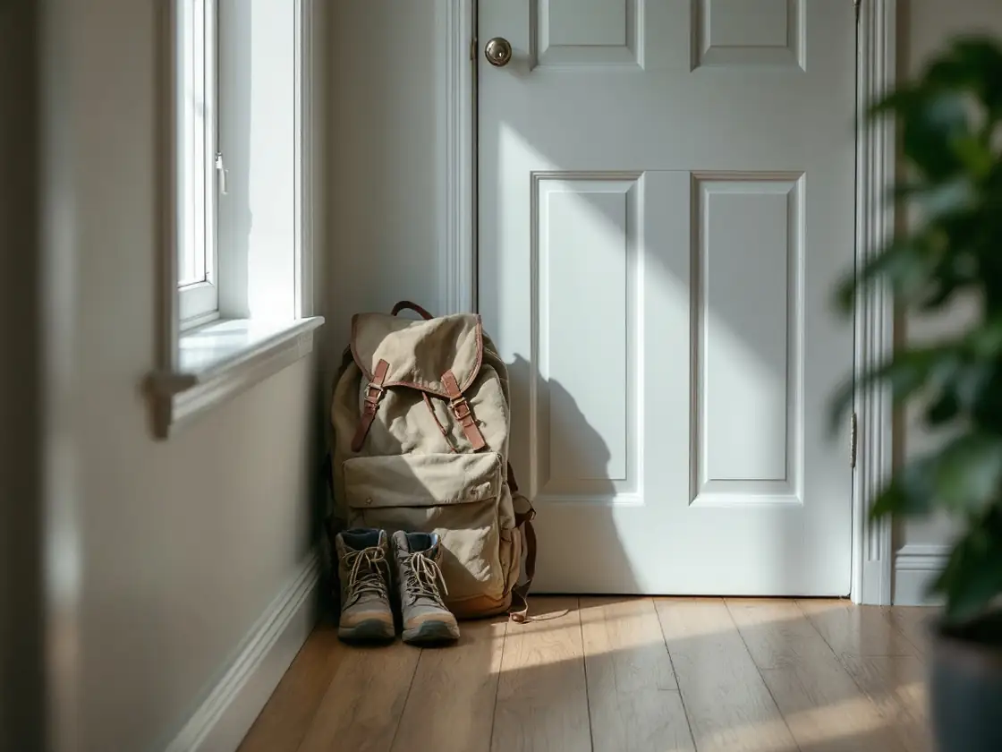 A worn canvas backpack and hiking boots by a hallway door