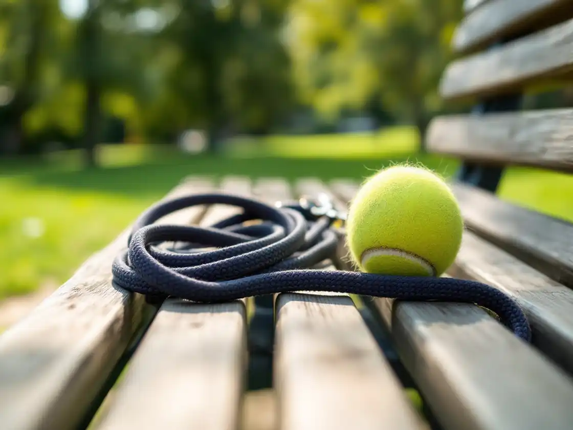 A dog lead and a tennis ball on a park bench in sunshine