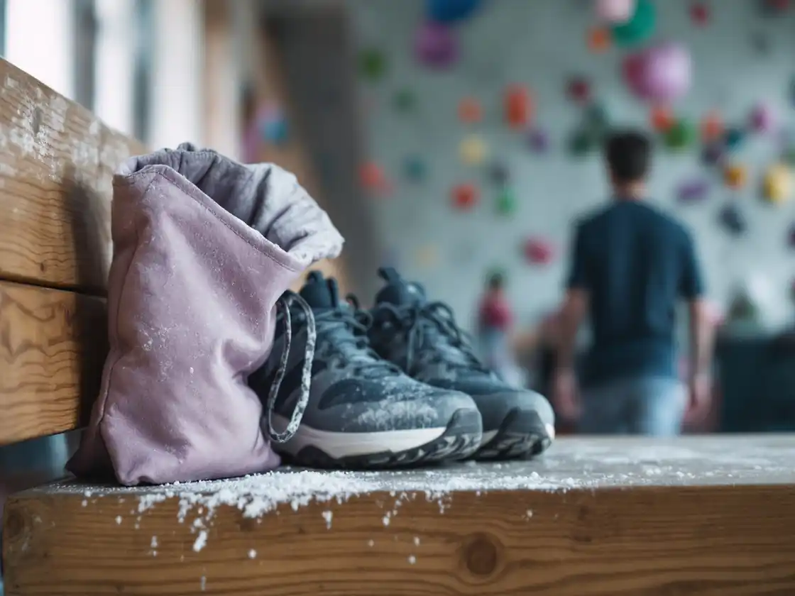 Trainers and a chalk bag on a climbing gym bench