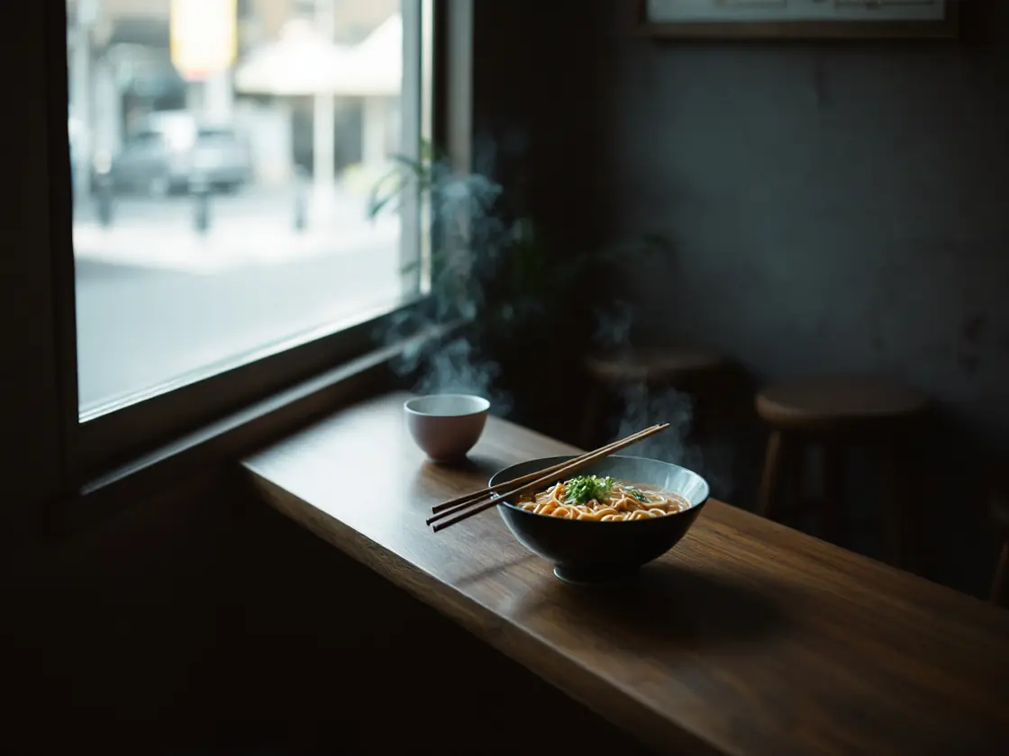 A bowl of ramen with chopsticks on a narrow counter by a window