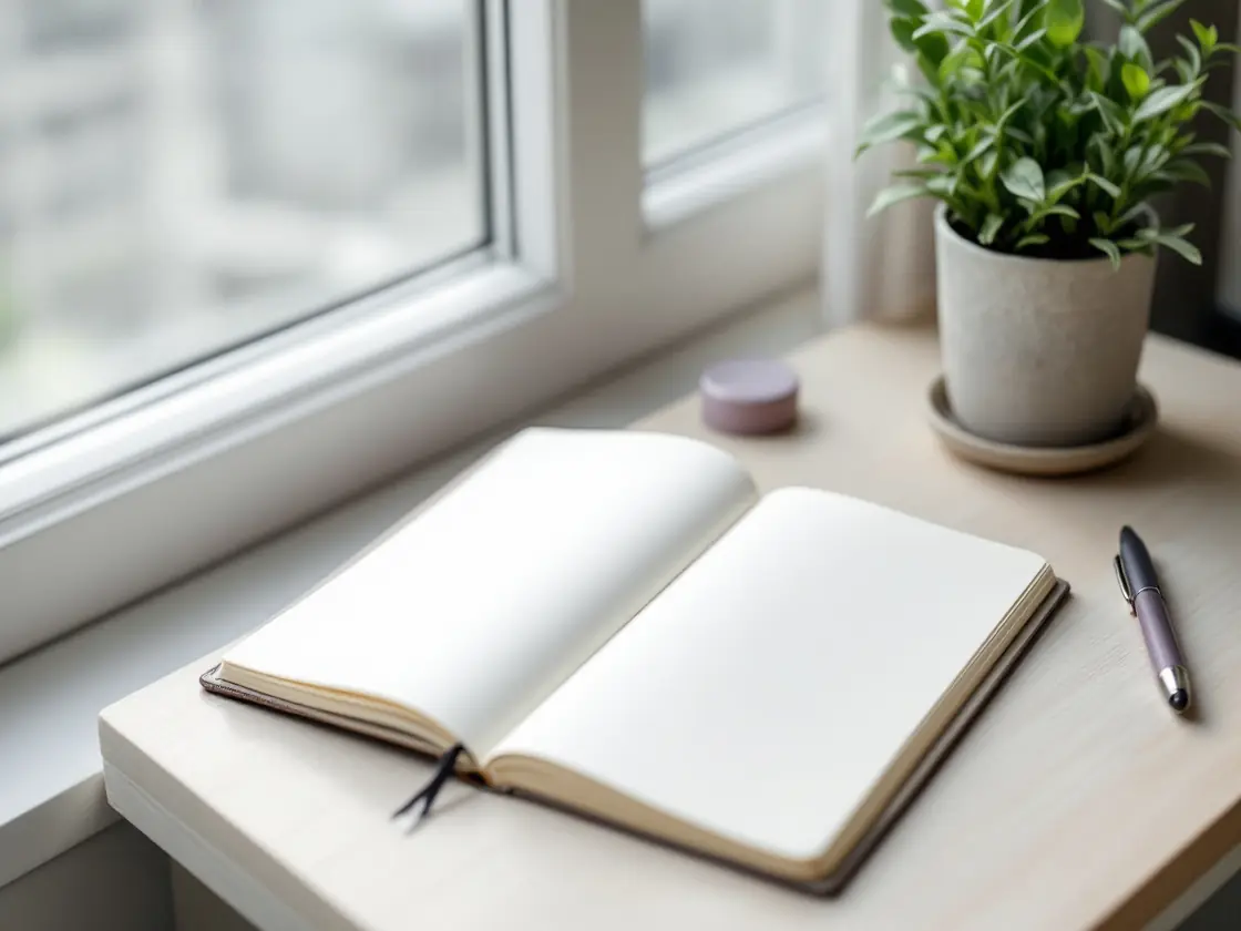 An empty notebook and a pen on a tidy desk beside a plant