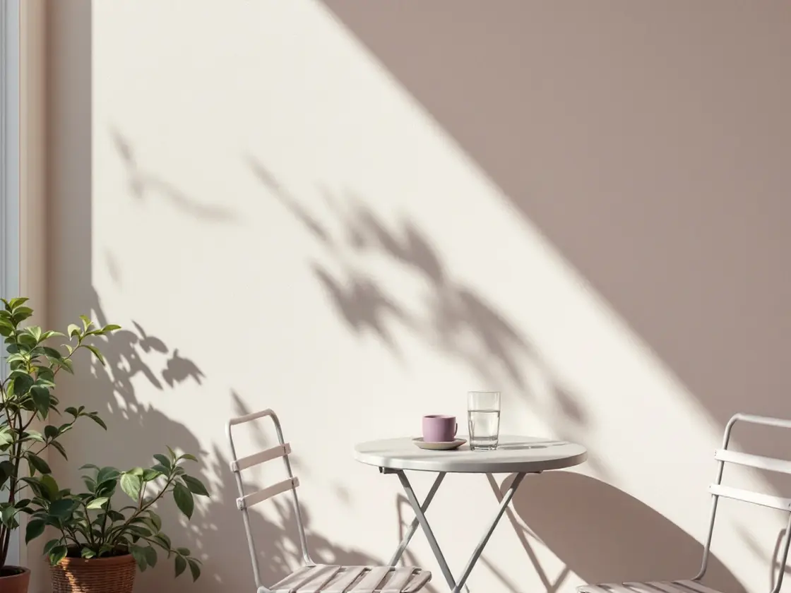 Two empty chairs at a small table on a sunny cafe terrace