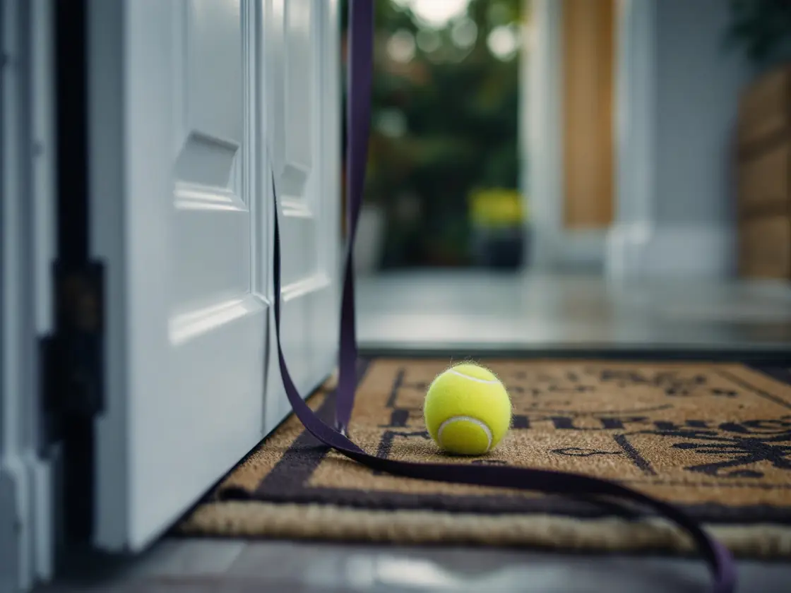 A dog lead and a tennis ball on a doormat by an open front door