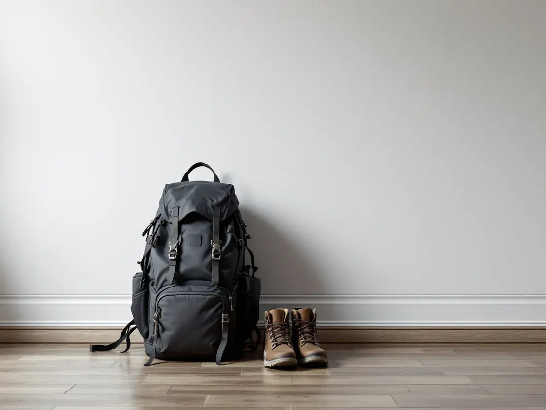 A backpack and hiking boots on a wooden floor by a white wall