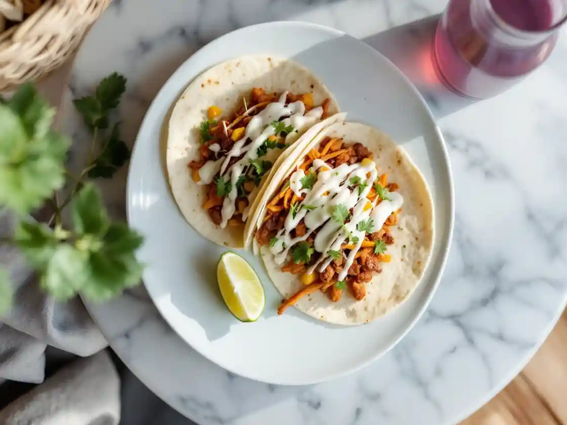 A plate of tacos with a lime wedge on a bright cafe table from above