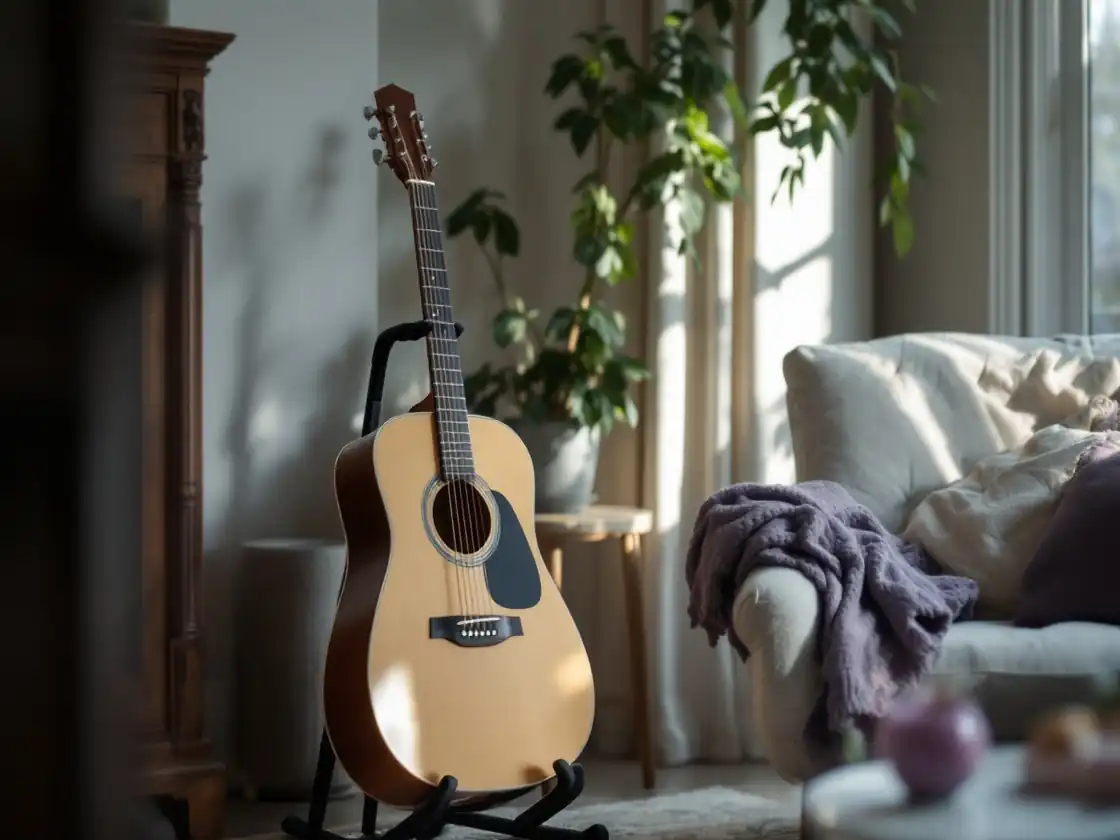 A guitar on a stand beside an armchair in a living room