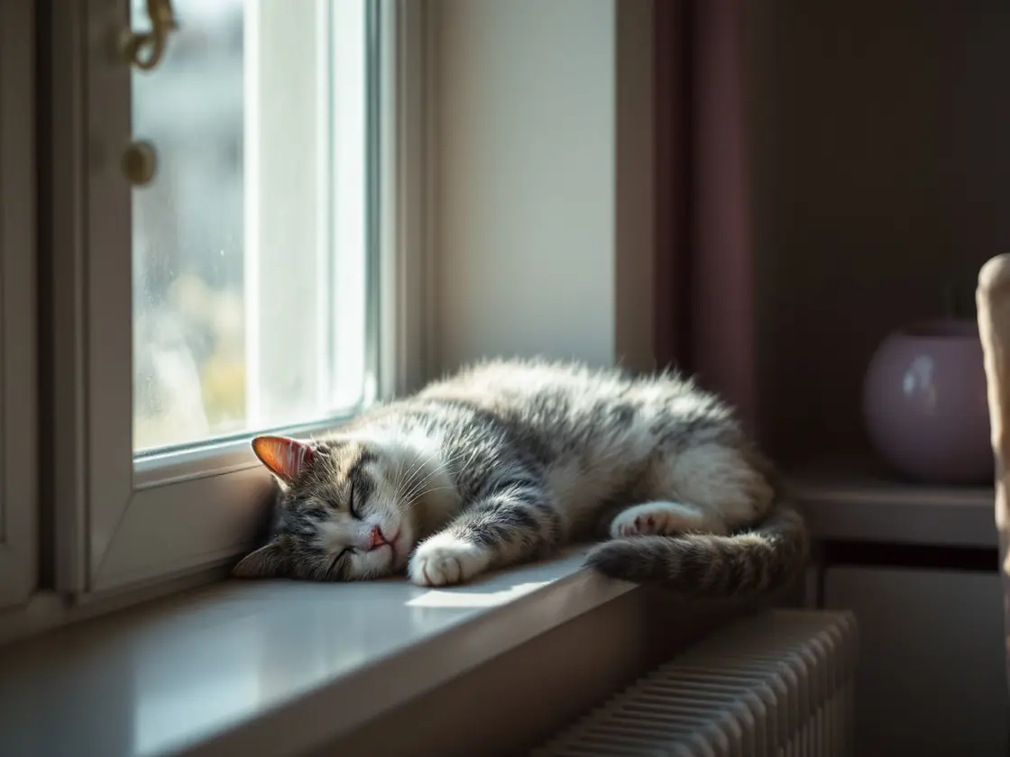 A cat asleep on a sunny windowsill