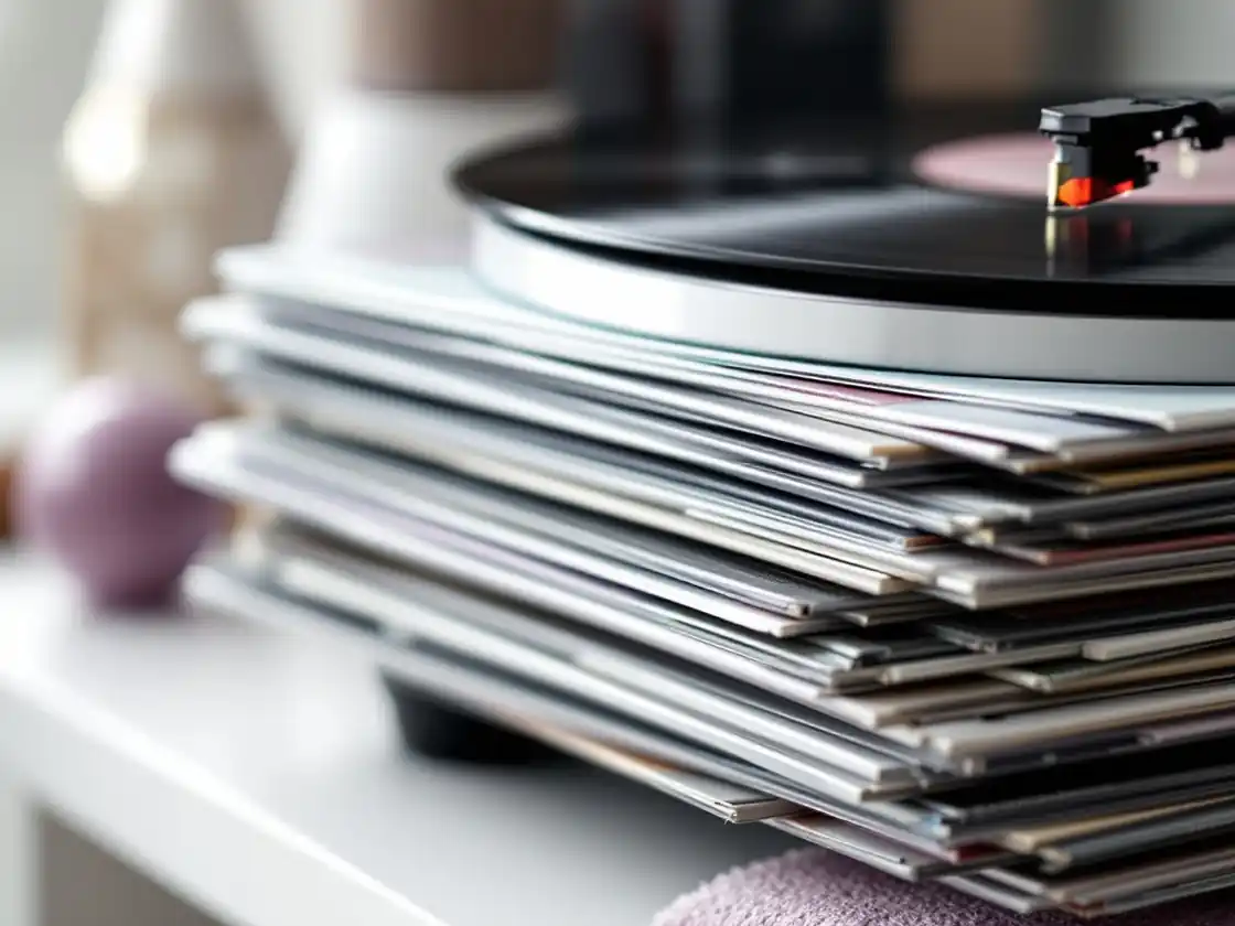 A stack of vinyl records beside a turntable