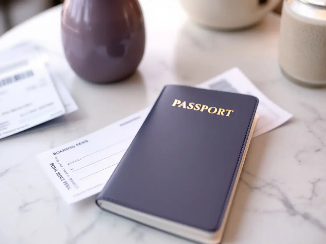 A passport and a boarding pass on a cafe table