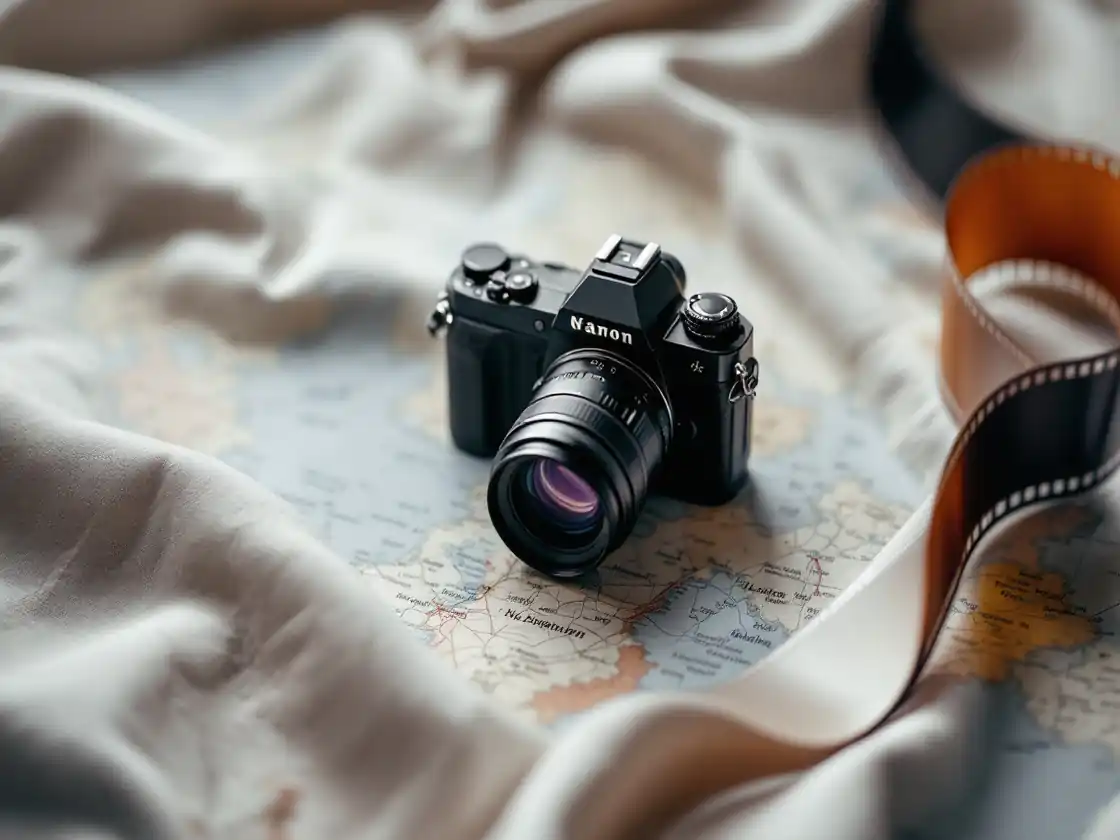 A camera and a strip of film on a linen cloth