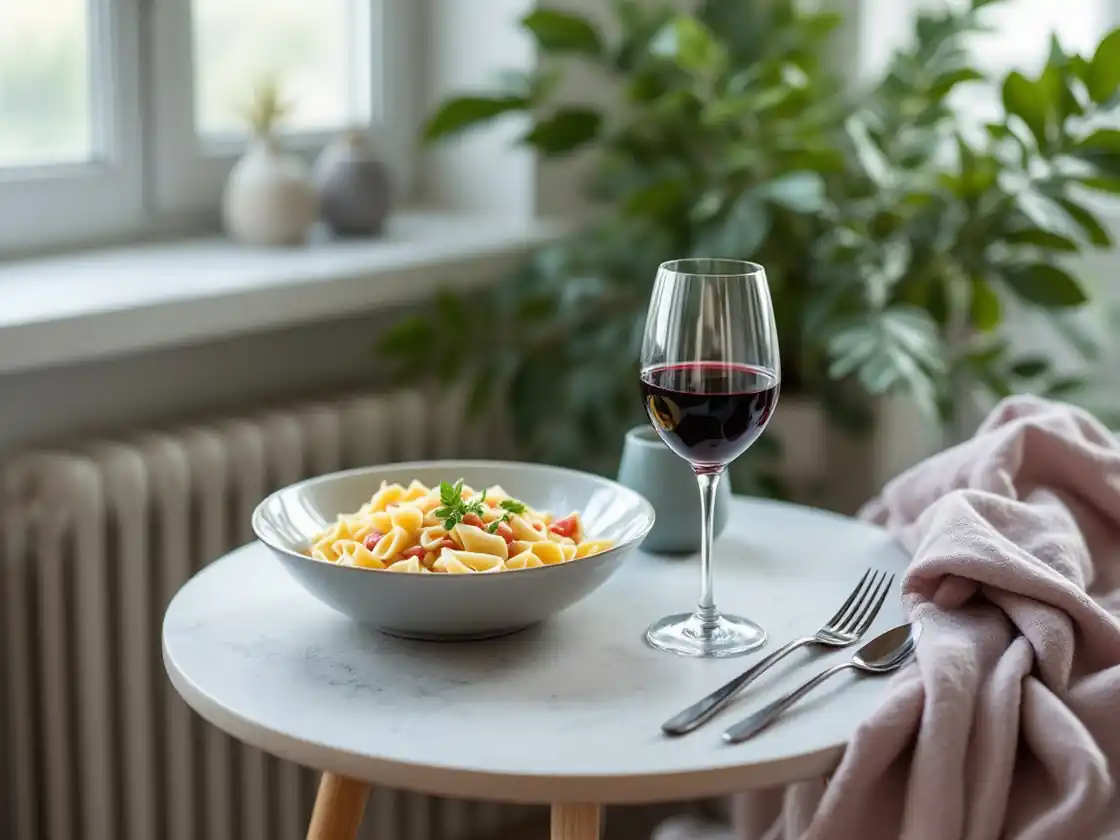 A bowl of pasta and a glass of red wine on a small kitchen table
