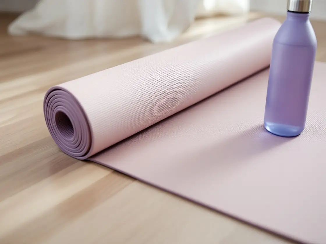 A rolled yoga mat beside a water bottle on a wooden floor